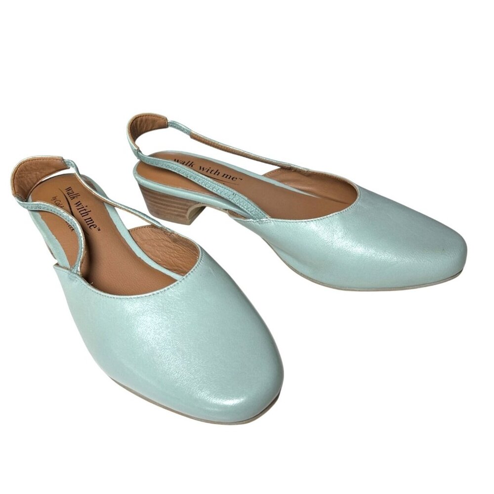 Coldwater Creek Walk With Me 7.5‎ Soft Teal Josie Leather Slingback Mules NWOB